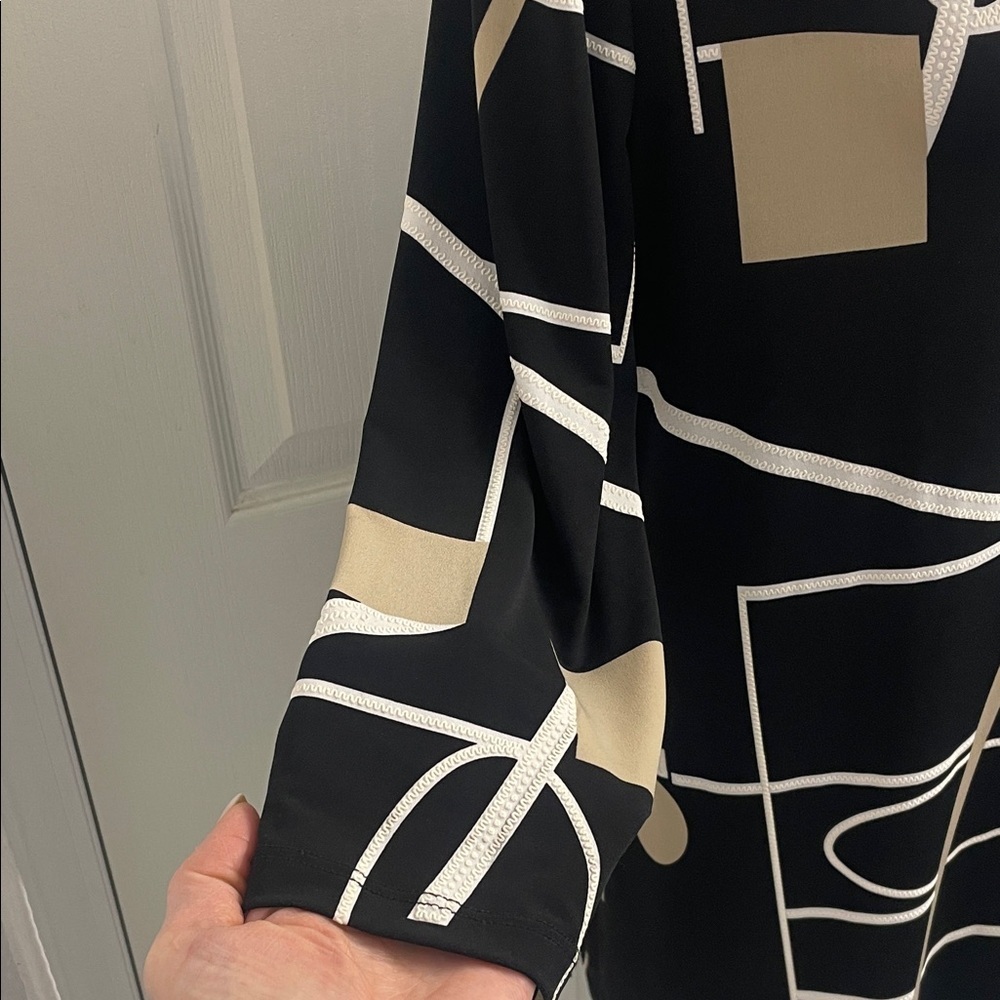Joseph Ribkoff Black/Tan Geometric Blouse/Tunic V Neck 3/4 Sleeve Sz US14 - Picture 4 of 15